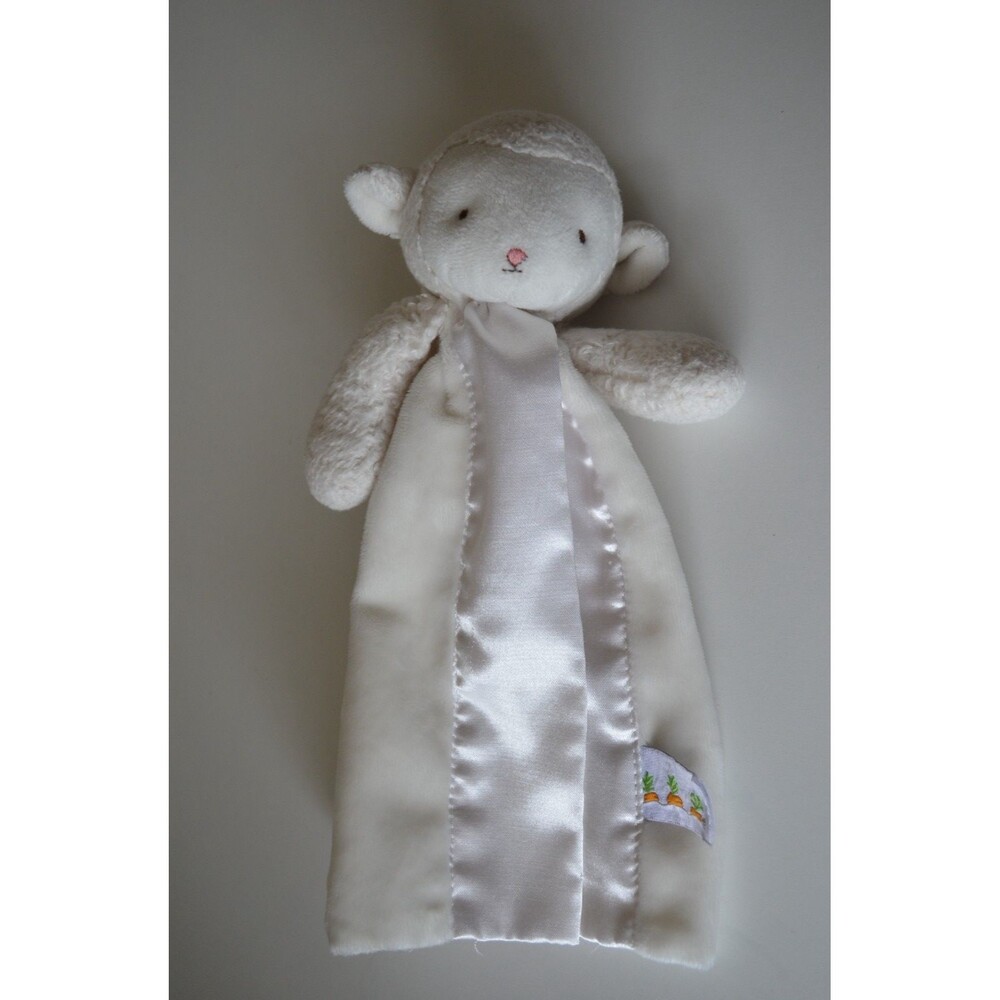 Bunnies by the Bay Lamb Security Blanket Lovey Strap On Back Ivory Plush & Satin
